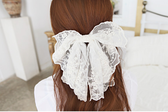 wide lace chiffon hair bow barrette