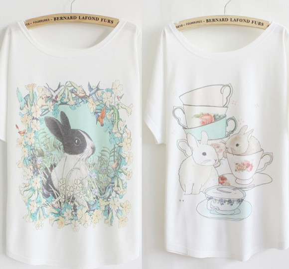 2014-Summer-fashion-loose-women-s-cotton-T-shirt-print-garland-flowers-rabbit-good-quality-batwing