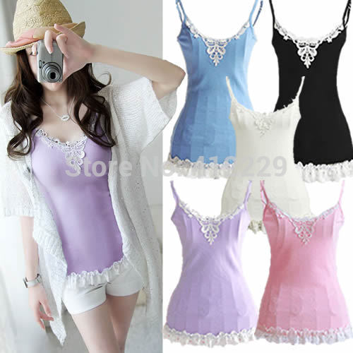 Free-shipping-Lace-patchwork-solid-strap-sleeveless-hanter-top-tee-shirt-casual-women-cotton-vest-tops