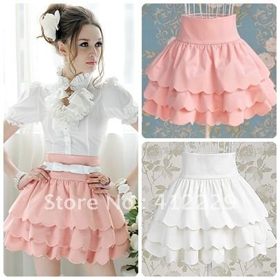 High-waist-skirt-new-2015-solid-wave-bottom-pleated-three-layers-knee-length-cute-ball-gown