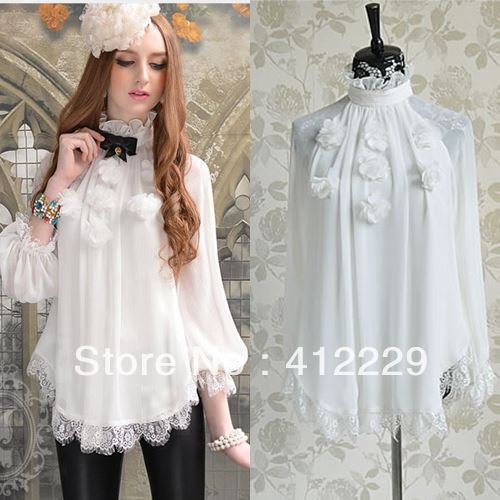 Ladies-2015-Pink-Doll-New-Arrival-White-Flower-Patchwork-Loose-Shirt-Lace-Chiffon-Full-Sleeve-Blouse