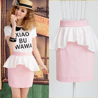 New-2014-summer-pink-ruffles-peplum-swing-high-waist-mini-half-women-sheath-pencil-formal-cute