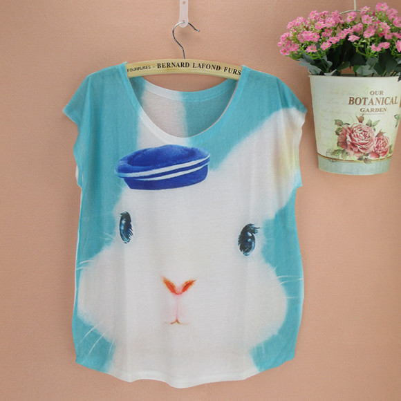 White-Navy-Rabbit-print-top-tee-women-novelty-cartoon-character-t-shirt-girls-summer-gift-2014