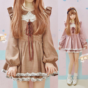 2014-New-Brand-High-quality-Wholesale-Women-Lolita-Lace-Bow-Bandage-Little-plaid-Cute-Girls-Dress
