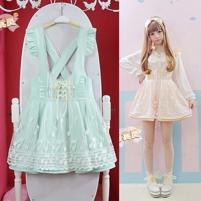 2014-New-Summer-High-waist-Cute-Japanese-Overall-dress-Lace-Music-note-short-Overalls-Dresses-Lolita