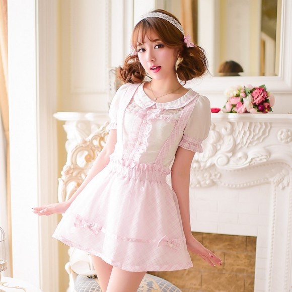 Princess-sweet-lolita-skirts-Candy-rain-princess-sweet-Japanese-style-summer-grid-Tall-waist-Braces-skirt