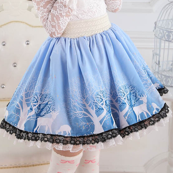 Lolita-Dreamy-Sky-blue-Skirts-Soft-Girls-Stars-Forest-Tree-Cartoon-Elks-Beautiful-Princess-Skirt-Lovely