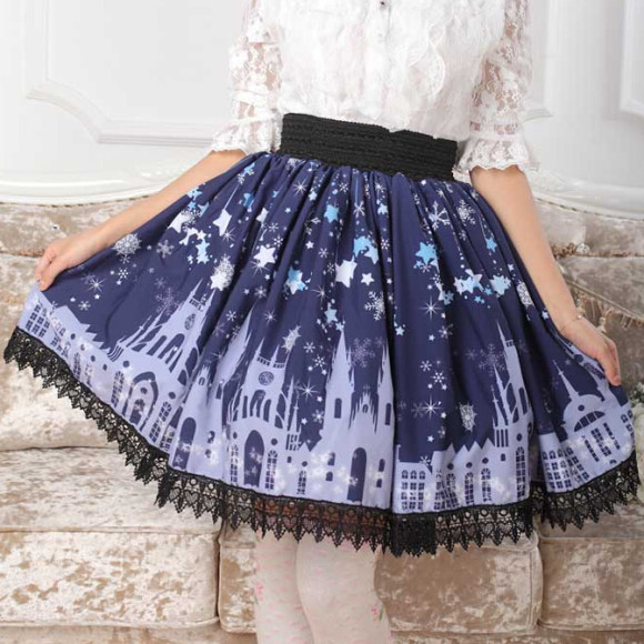 XS-XL-Plus-size-Cute-Starry-Sky-Skirts-Castle-Lolita-Dark-Blue-Pleated-Knee-Length-Skirt