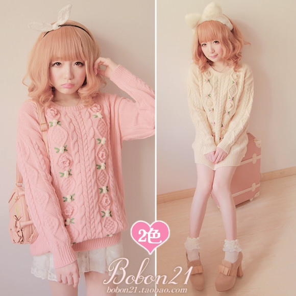 Princess-sweet-lolita-sweater-BOBON21-soft-amo-pink-3D-small-flowers-twist-thick-sweater-Autumn-and